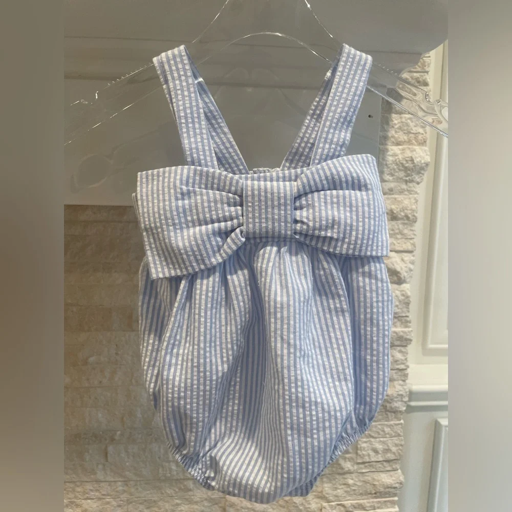 Mudpie blue and White Striped Bow Baby Romper 3-6months
